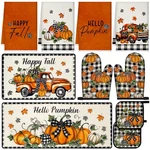 Fall Pumpkin Kitchen Decor Set 10 Pcs Towels Pot Holders Oven Mitts Rugs Art. Fixed Price $48.05.