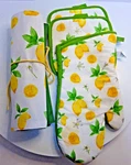 Set Of One Oven Mitt, Two Hot Pad & Four Placemats W/ Lemon Yellow Green Print. Fixed Price $11.95.