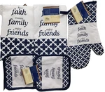 5PC Kitchen Set: Pot HOLDERS,1 Oven MITT,2 Towels,faith Family Friends,blue,gr. Fixed Price $14.99.