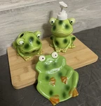 3 Pc Set Frog Soap Dispenser, Toothbrush Holder & Dish/plate Greenbrier Ceramic. Fixed Price $35.19.