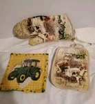 John Deere Tractor Oven Mitt Pot Holder Set Farm Scene Cotton. Fixed Price $25.00.