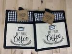 But First Coffee Potholder Gift Set 4 Pc Kitchen Towels Checkered Cotton Dii New. Fixed Price $19.99.