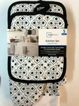 5 Pc Kitchen Set 2 Towels Pot Holders 1 Mitt Geometric Pattern Rich Black. Fixed Price $10.00.