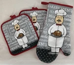 French Fat Chef Pot Holders Oven Mitt Set Hanging Loops 3 Piece. Fixed Price $14.95.
