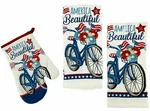 Bicycle Floral Kitchen Towels & Oven Mitt 3 Pc Set America The Beautiful Decor. Fixed Price $13.88.