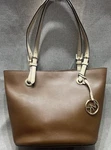 Michael Kors Jet Set East West Tan Leather & Cream Straps Shoulder Tote Bag-vg. Fixed Price $55.00.