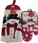 St Nicholas Square Snowman Kitchen Set - 2 Towels, Oven Mitt,and Potholder. Fixed Price $10.95.