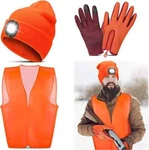 3 Pcs Hunting Set Blaze Orange Vest Touchscreen Gloves & Led Hat Safety Biking. Fixed Price $21.00.