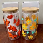 2 Glass Cup Tumblers With Bamboo Lids 16OZ. Butterflies + Flowers/hearts New. Fixed Price $18.00.