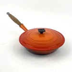 Vtg Creuset Cast Iron Enamel Flame Orange 9.5" Skillet #24 Teak Handle W/lid. Fixed Price $34.99.
