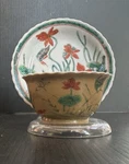 Antique Qing Kangxi Chinese Cafe Ground Famille Verte Tea Cup & Saucer Set. Fixed Price $600.00.