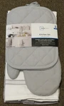 Mainstays Kitchen Set 5 Piece Silver & White 2 Towels Hot Pads 1 Oven Mitt. Fixed Price $17.89.