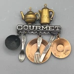 Chef Kitchen Brooch Gourmet Sign Utensils Pots Pewter Gold Tone Dangle 2.5". Fixed Price $24.99.