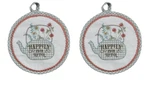 Set Of 2 Happily Ever After Tea Kettle, Embroidered Flowers Round Potholders. Fixed Price $11.16.